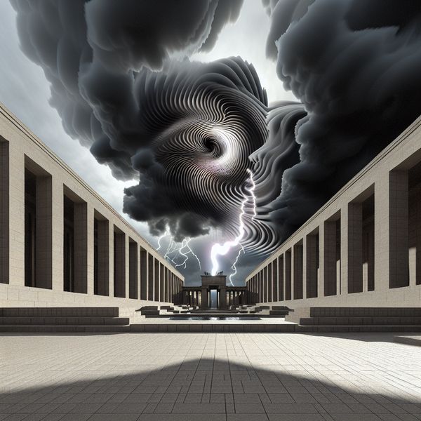 Hyperrealistisch surrealistisch tafereel van een dramatische onweersbui boven een monumentale stad, met bliksem en visuele weergave van rommelende donder als golven in de lucht
