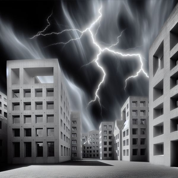 Hyperrealistisch surrealistisch stadsgezicht bij nacht met dramatische blikseminslag en dreigende onweerslucht, geïnspireerd op Carel Willink