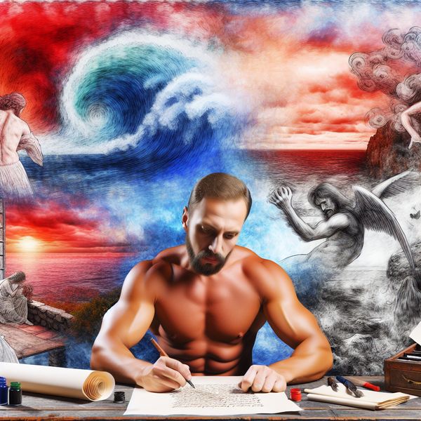 Een dichter zit aan een houten bureau vol perkament en inkt, omringd door emotionele landschappen zoals een zonsondergang en een stormachtige oceaan.