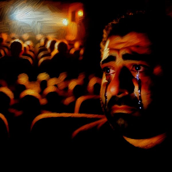 Emotionele scène in een bioscoop met eenzame figuur Een eenzame figuur met tranen in hun gezicht, verlicht door het flikkerende licht van een film in een donker bioscoop