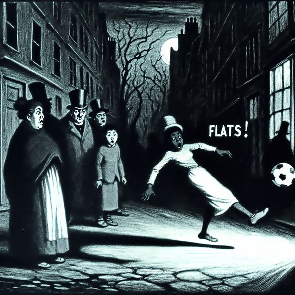 Een dramatische scène waarin iemand 'Flats!' roept na een onverwachte gebeurtenis op straat, met een voetbal die een doelpaal raakt en verbaasde omstanders.