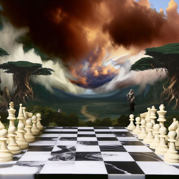 Dramatische schaakpartij in de natuur met een beweegbare figuur Een hand beweegt een schakelstuk op een fraai ontworpen schaakbord, omringd door een weelderig landschap met een dramatische lucht, in de stijl van Jacob van Ruisdael.