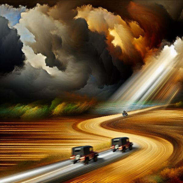 Dramatische Storm Scene met Auto's op de Weg Twee auto's naderen elkaar op een kronkelige weg onder een dreigende stormlucht