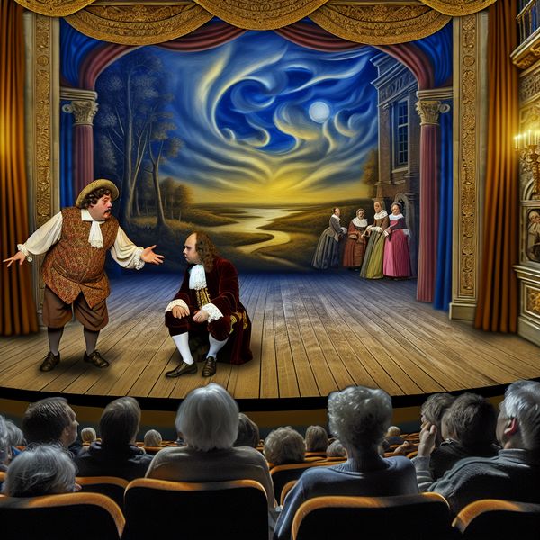 Een dramatische theater scène waarin een Assistent-Narrator (AN) een hoofdverteller helpt op een prachtig verlicht podium.