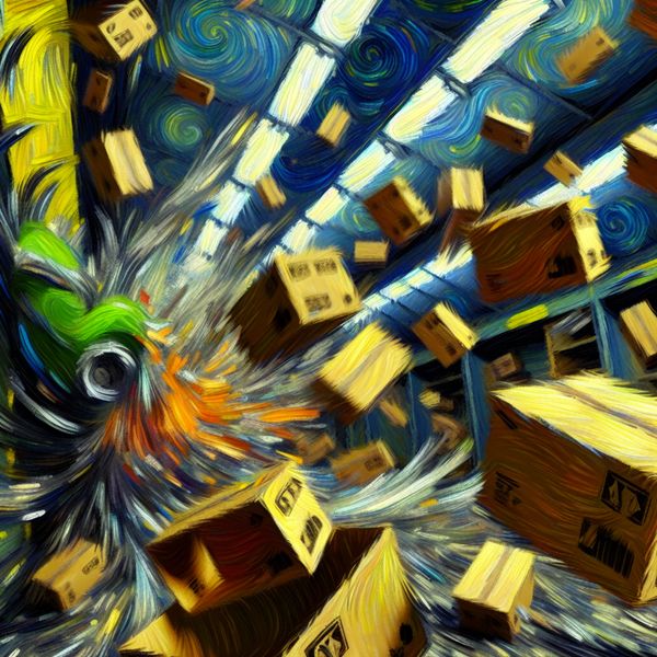 Dramatische val van kartonnen dozen met veel lawaai, geschilderd in de expressieve stijl van Vincent van Gogh met dikke, wervelende penseelstreken en felle kleuren