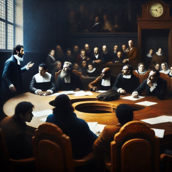 Belangrijke Vergadering met Diverse Deelnemers Diverse mensen in een vergadering aan een groot houten tafel, met een man in het middelpunt die een belangrijke rol speelt.