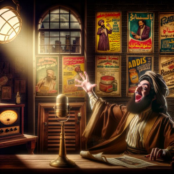 Dramatische Vintage Radiostudio Tijdens Uitzending Een vintage radiostudio met een presentator die in een microfoon spreekt, omgeven door grote vintage advertenties.