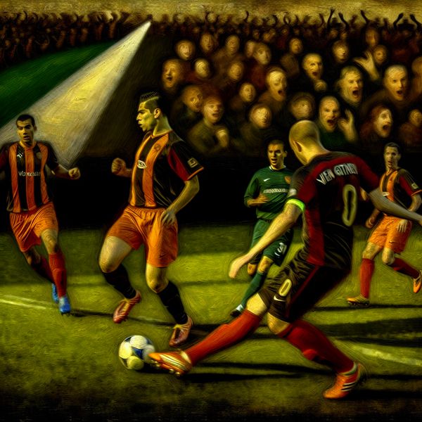 Close-up van een spannende voetbalwedstrijd tussen twee rivaliserende teams, met spelers in felle kleuren en intense gezichten, op een levendig groen veld.