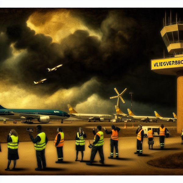Een dramatische afbeelding van een luchtvaartterrein met stilstaande vliegtuigen onder een dreigende lucht, verlicht door een controletoren en een bord met 'Vliegverbod'.