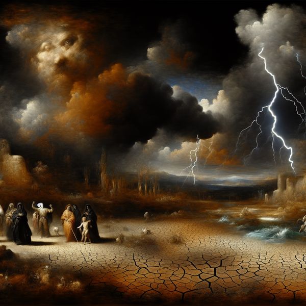 Een dramatische scène met extreme weersomstandigheden door klimaatverandering, met een onheilspellende lucht vol bliksem en een dor landschap met gekraakte aarde en stervende bomen.