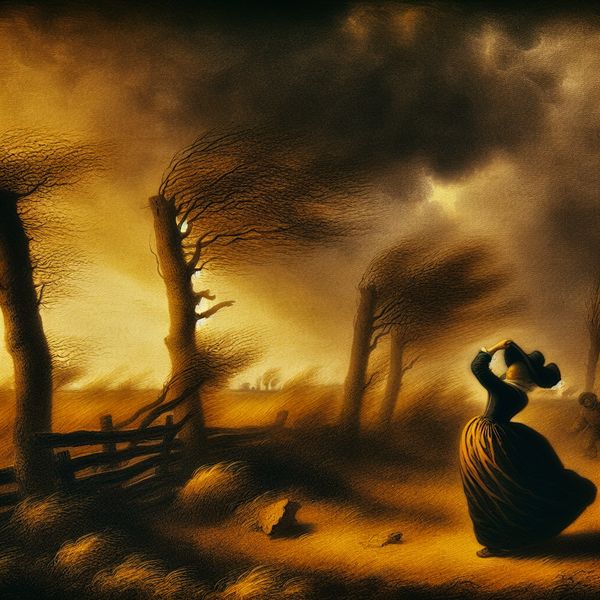 17e-eeuws Hollands landschap in Rembrandt-stijl met een persoon die een hoed vasthoudt in een krachtige windvlaag, bomen buigen en bladeren wervelen rond