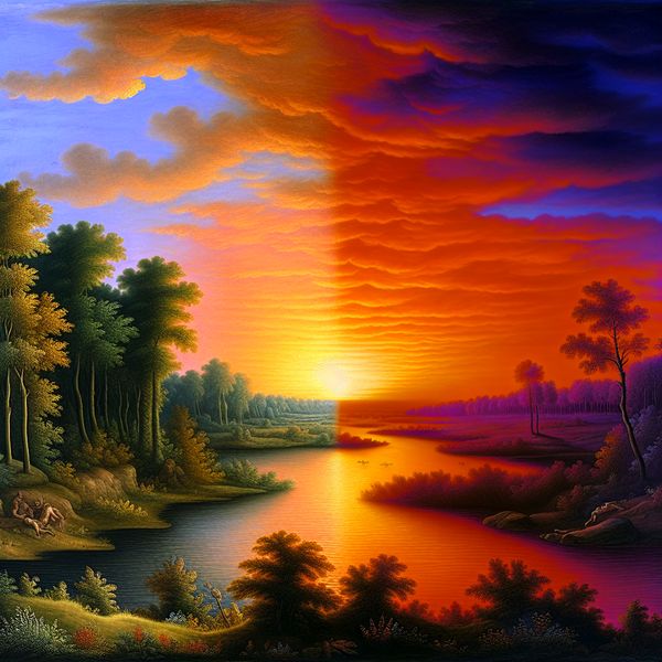 Een dramatisch landschap met een kleurrijke zonsondergang boven een serene rivier, omringd door groene bomen en een veld met wilde bloemen.
