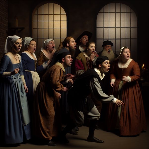 Groep mensen in historische kostuums rond een onverwachte gebeurtenis in een dramatische historische setting.