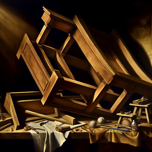 Dramatisch stilleven van onvoltooid meubel in Rembrandt-stijl Een dramatisch stilleven van een onvoltooid houten meubelstuk met tekenen van zwakheid en onvoltooid werk, in de stijl van Rembrandt.