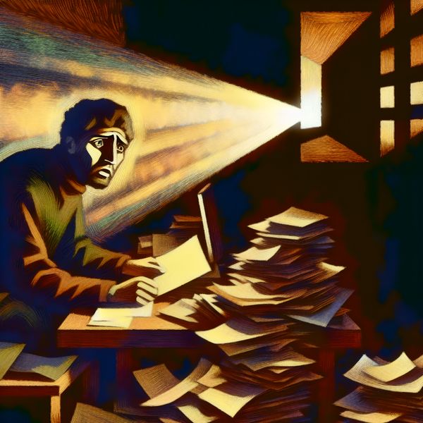 Bezorgde jongvolwassene aan een rommelig bureau Een jongvolwassene met een bezorgde uitdrukking zit aan een rommelig bureau, omringd door stapels papierwerk en een gloeiende computer.