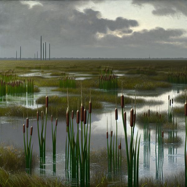 Hyperrealistisch surrealistisch landschap met drassige grond en glinsterende biezen na zware regenval, reflecterende plassen en monumentale architectuur op de achtergrond