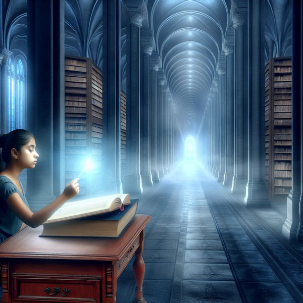 Jonge vrouw studeert geconcentreerd aan een groot houten bureau in een uitgestrekte, surrealistische bibliotheek met een gloeiend boek als symbool van motivatie en drijfveer