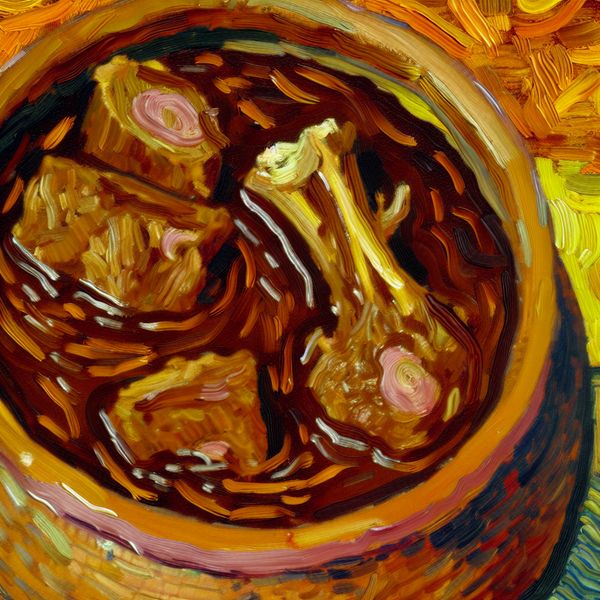 Drijvend vlees in saus - Nederlandse woordenschat leren met Van Gogh-stijl schilderij Schilderij in Van Gogh-stijl van drijvend vlees in een overvolle kom dikke saus met warme kleuren en expressieve penseelstreken