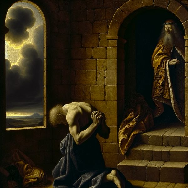 Gevangene smeekt om gratie aan een koning in een dramatische 17e-eeuwse gevangenis, met een stormachtige lucht en gouden lichtstraal