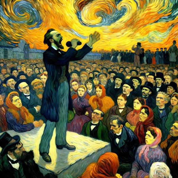 Dringende oproep in Van Gogh-stijl: emotionele toespraak tot het publiek Expressieve Van Gogh-stijl schilderij van een spreker die een dringende oproep doet aan een aandachtige menigte op een plein, met intense houding en emotionele sfeer