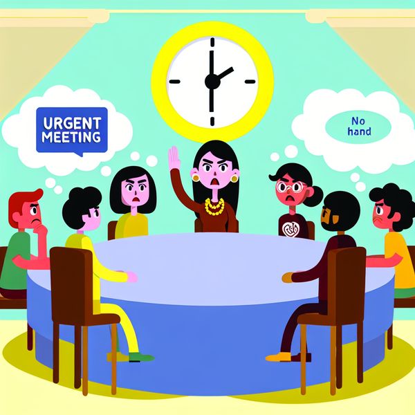 Dringende Vergadering - Cartoon Illustratie voor Taalverwerving Minimalistische illustratie van een urgente vergadersituatie met diverse cartoonfiguren aan een ronde tafel, bezorgd en alert.