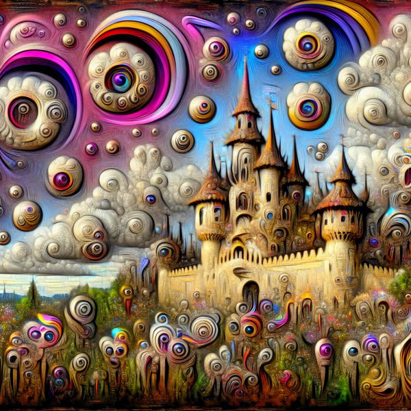 Dromerig kasteel in surrealistisch landschap Een surrealistisch kasteel omringd door bizarre wezens in een dromerige landschap, geïnspireerd door de stijl van Hieronymus Bosch.