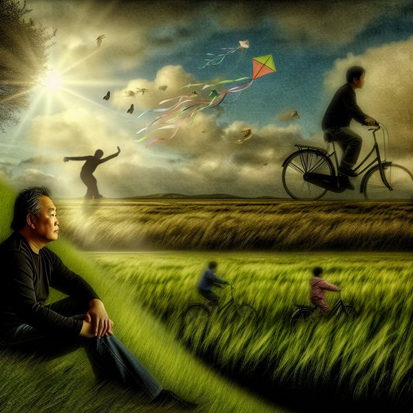 Dromerig landschap van jeugdherinneringen Persoon zit op een grasheuvel en kijkt naar een veld met droomachtige silhouetten van kinderen die spelen, fietsen en vliegers vliegen, onder een dramatische lucht met zonnestralen.
