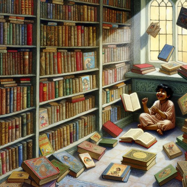 Dromerige bibliotheek met een kind en kleurrijke boeken Een kind zit gelukkig in een leeshoek met kleurrijke boeken. Om hen heen drijven boeken en speelse illustraties in een dromerige bibliotheek.