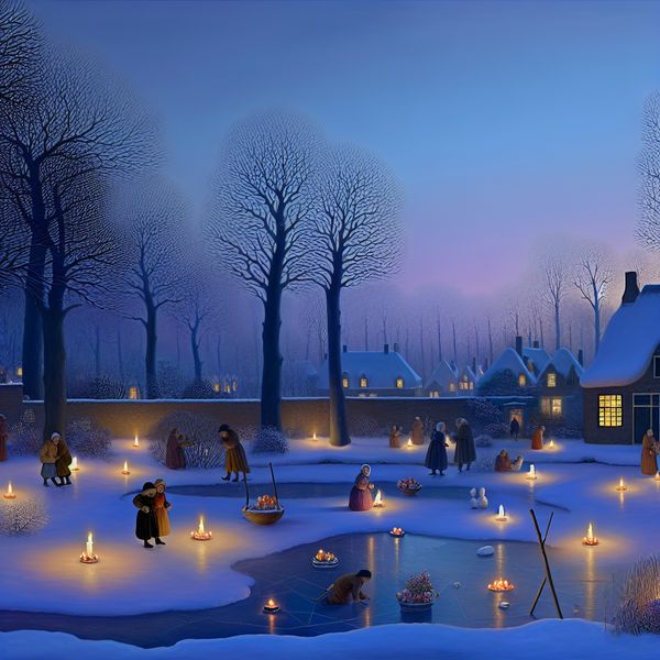 Dromerige winteravond in een gezellige tuin met kaarslicht, sneeuw en romantische sfeer in de stijl van Hendrick Avercamp
