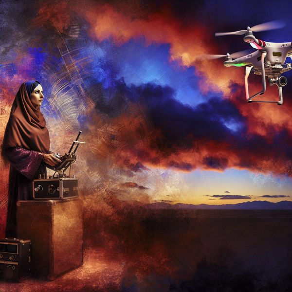 Een operator bestuurt een drone tegen een levendige twilight lucht met donkere wolken en een laatste zonlicht.