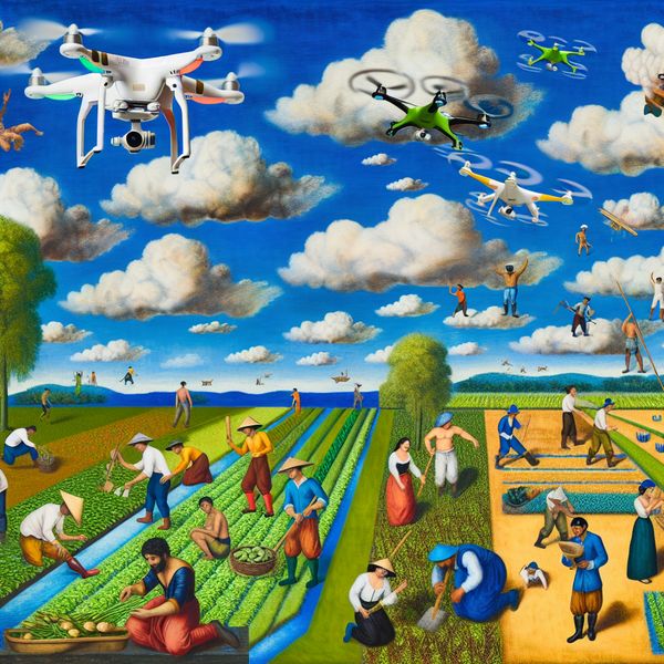 Drone in actie boven een kleurrijke boerderij Een drone vliegt boven een levendige boerderij met boeren die bezig zijn met planten en inspecteren van gewassen.