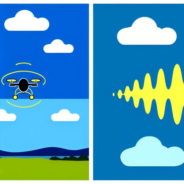 Drone in de lucht met zoemgeluid in illustratie Minimalistische illustratie van een kleine drone die door een blauwe lucht vliegt met een zoemend geluid.