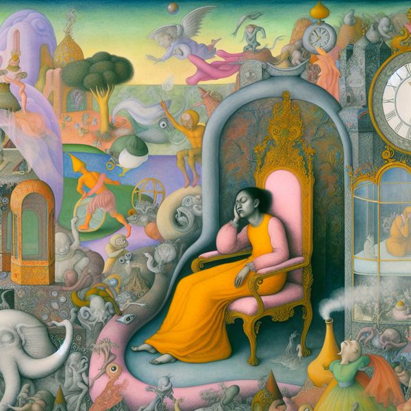 Surrealistische Dromerige Scène met Iemand in Lichte Slaap Een persoon die vredig in slaap valt op een grote, sfeervolle stoel, omringd door bizarre droomachtige wezens.