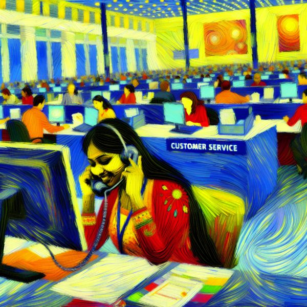 Vrouw helpt klant aan de telefoon in een druk kantoor, omgeven door kleurrijke documenten en een computer met 'Klantenservice'.