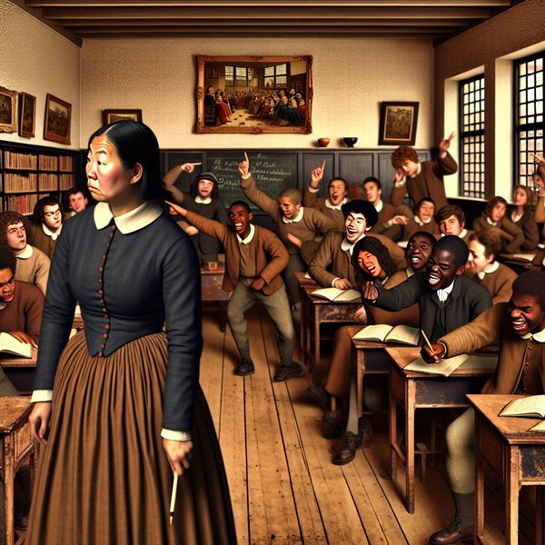 Een drukke klaslokaal met een leraar die een les probeert uit te leggen, terwijl een groep lachende leerlingen hem onderbreekt.