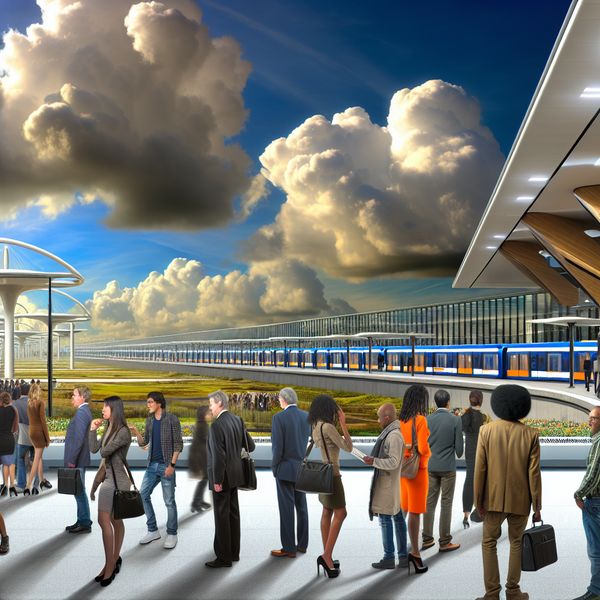 Druk metrostation met moderne architectuur en reizigers Een druk metrostation met reizigers, moderne architectuur en dramatische wolken in de lucht.