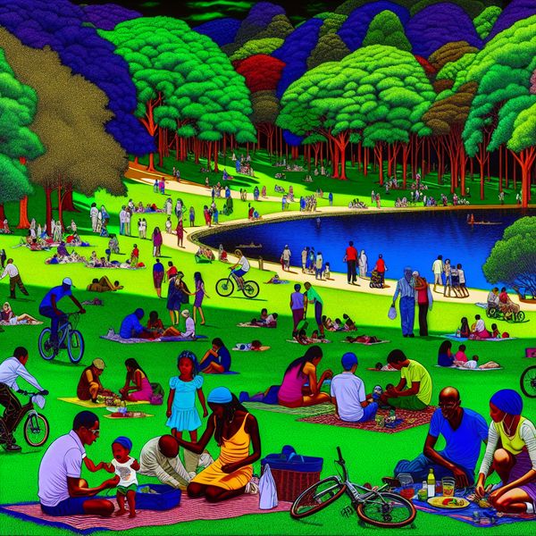 Een druk recreatiegebied met gezinnen die picknicken, kinderen die spelen bij een meer en koppels die wandelen.