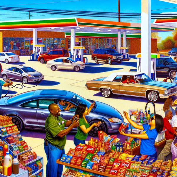 Druk Tankstation met Klanten en Snacks Een levendige scène bij een druk tankstation met auto's, een vriendelijke medewerker die snacks aan een blije klant overhandigt, en een zonnige achtergrond.