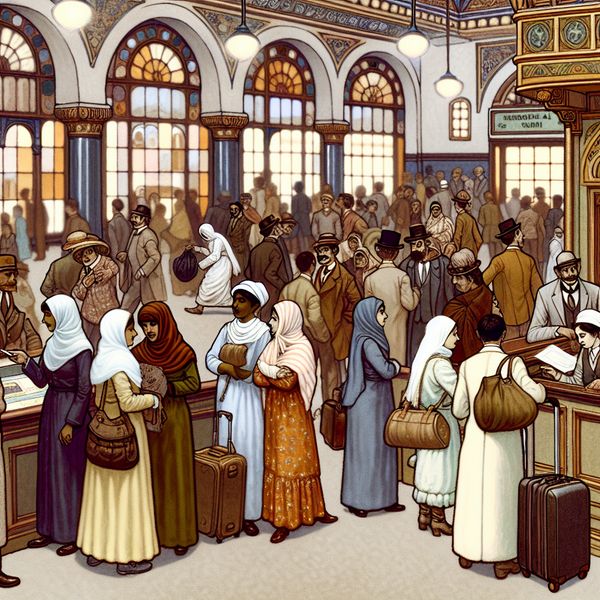 Druk treinstation met diverse mensen in afwachting Drukke treinstation hal vol mensen die wachten en met elkaar praten, met vintage architectuur.