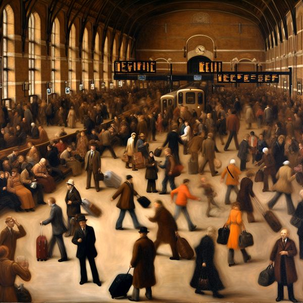 Druk Treinstation tijdens Spitsuur: Een Jan Steen Stijl Een druk treinstation tijdens het spitsuur met reizigers en treinen in warme, aardse tinten