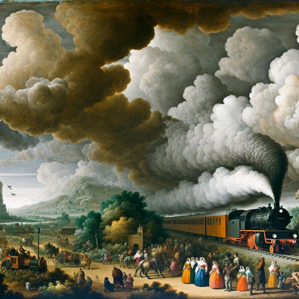 Druk treinstation met een krachtige trein die stoom uitblaast onder een bewolkte lucht in de stijl van Jacob van Ruisdael.