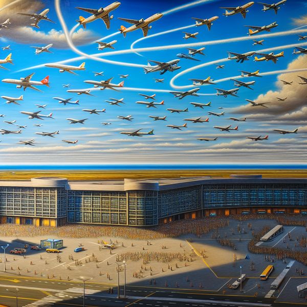 Druk Vliegveld met Cirkelende Vliegtuigen Hyperrealistisch beeld van een druk vliegveld met rond cirkelende vliegtuigen en een moderne terminal vol mensen die de vliegtuigen observeren.