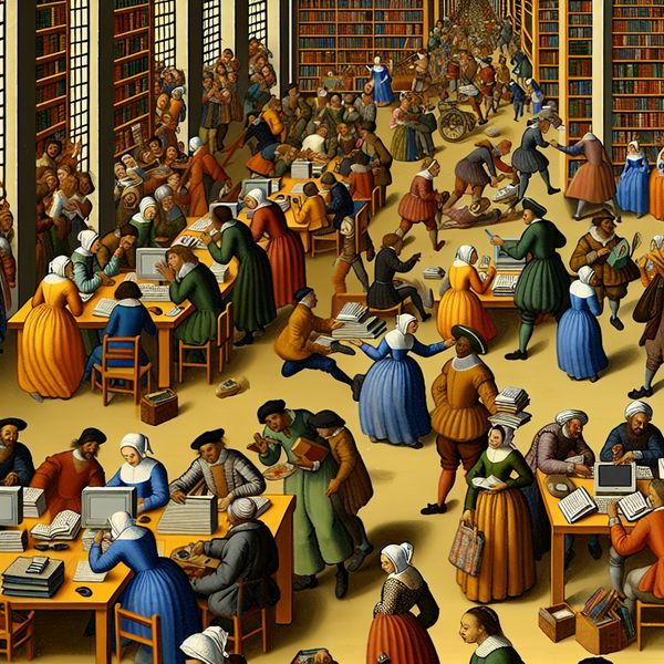 Drukke bibliotheek met studenten die boeken en online lessen bekijken, geïnspireerd door Jan Steen.