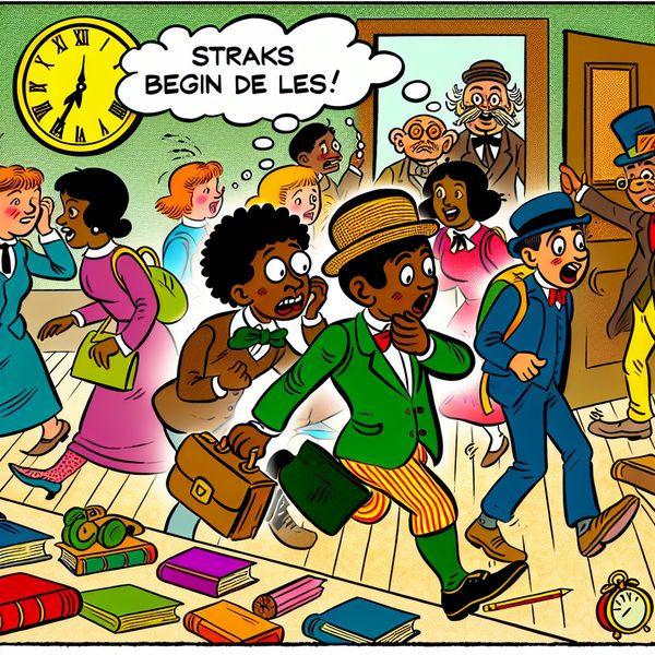 Drukke cartoonfiguren onderweg naar de les Groep cartoonfiguren haastig op weg naar de les met een klok op de achtergrond en kleurrijke schoolspullen om hen heen.