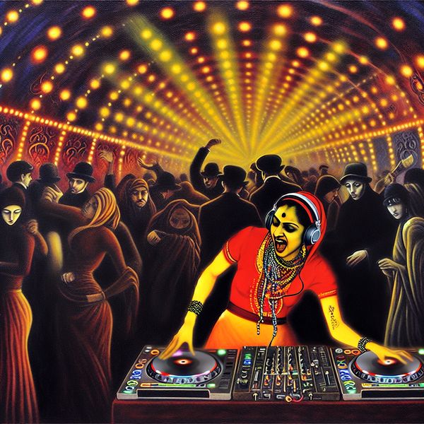 Drukke Discotheek met Levendige Dansers en DJ Een levendige discotheek vol mensen die energiek dansen onder felgekleurde lichten.