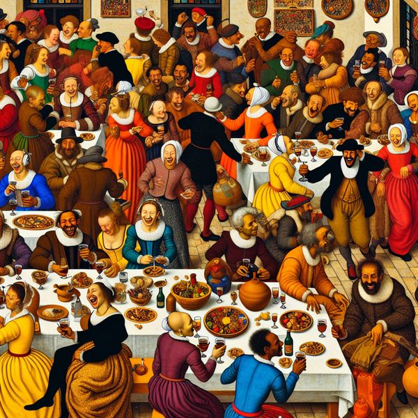 Drukke Feestscène Geïnspireerd door Jan Steen Drukke feestscène met een diverse groep mensen die lachen, dansen en toosten in een warm verlichte kamer.