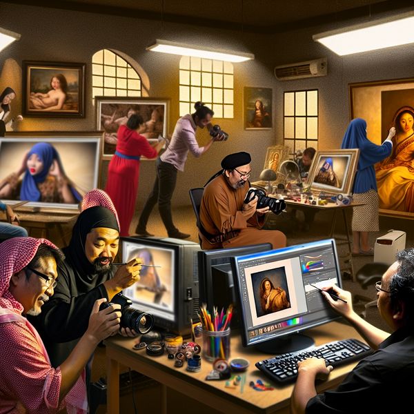 Drukke fotografie studio met fotografen die hun camera's afstellen en beelden op computerschermen bekijken, terwijl ze filters toepassen op foto's. 