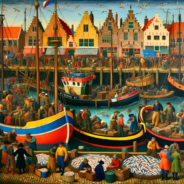 Levendige Haven en Visserijsector Nautisch Leven Drukke haven met vissers die hun vangst uitladen, kleurrijke vissersboten en lokale bewoners