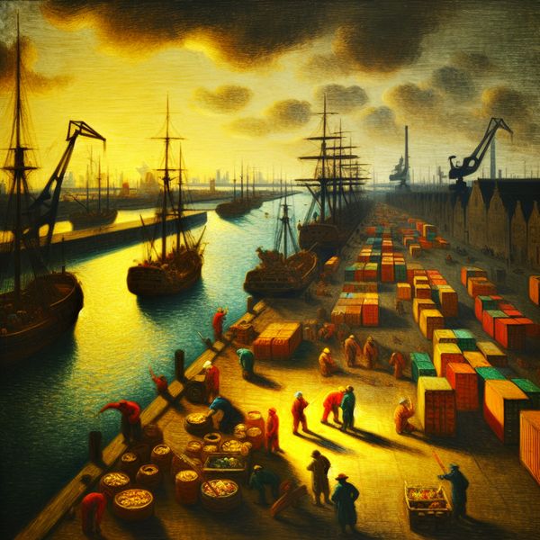 Haven bij zonsondergang: Economisch belang van goederenimport en -export Drukke haven bij zonsondergang met vracht- en containerschepen en dockwerkers