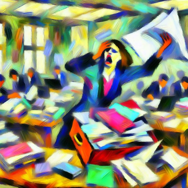 Een gestreste kantoorwerker houdt een document vast en wijst naar een whiteboard in een drukke kantooromgeving met kleurrijke papieren.